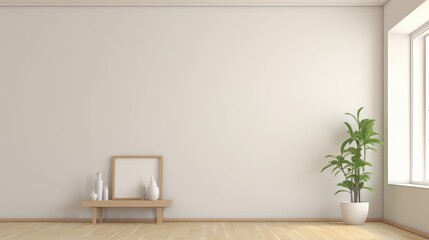 3D rendering of an empty room with a small wooden table and a large window. 