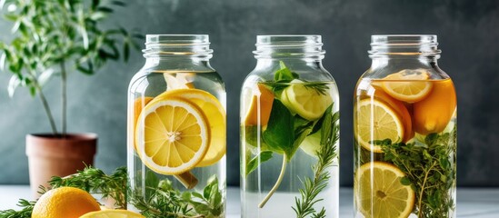 Staying hydrated during the summer is crucial for maintaining fitness and good health and water is the best beverage choice to quench your thirst but adding some fresh orange slices or tang - obrazy, fototapety, plakaty