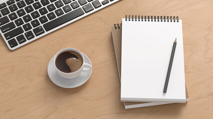Notebook mockup. Blank workplace notebook. Spiral notepad on wooden desk