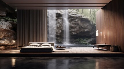 3D rendering of a bedroom with a waterfall forest background.