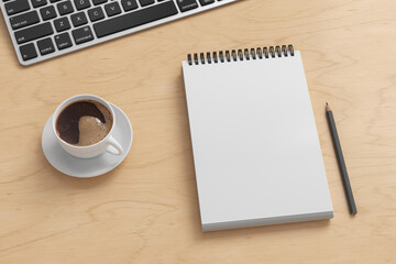 Notebook mockup. Blank workplace notebook. Spiral notepad on wooden desk