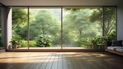 3D interior rendering of a living room natural view from the airy window of a house. 
