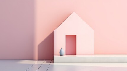 3D rendering of a pink house model is simple in design, with a pitched roof and a single door.
