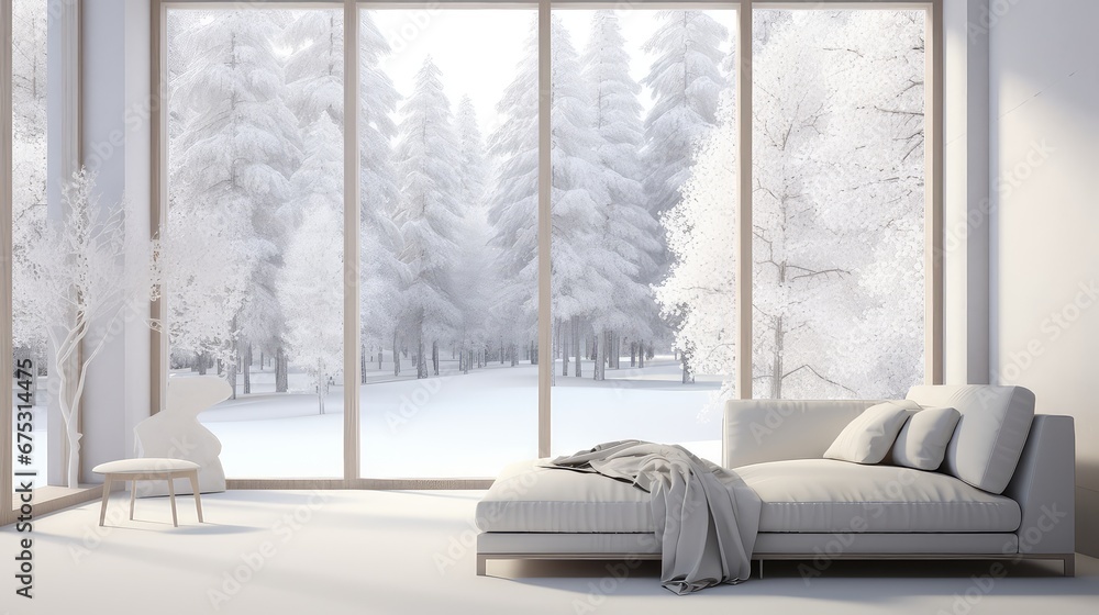 Poster 3d rendering of a bedroom with a snow covered tree view from a large window view.