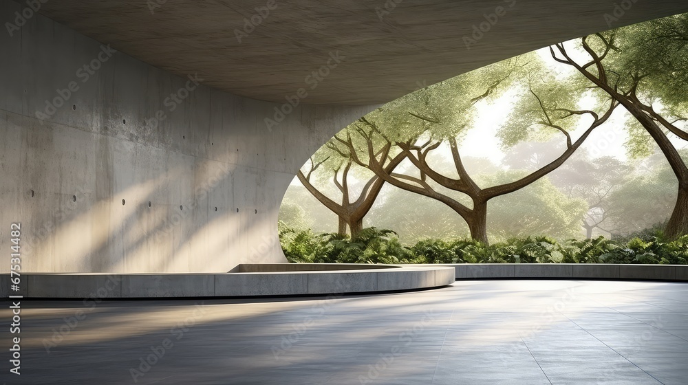 Poster 3d rendering of a living space with a tree background from airy window view. the space is decorated 