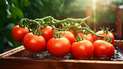 Fresh ripe tomatoes in basket in  garden with rain