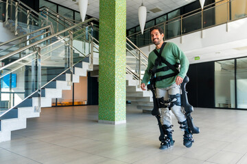 Fototapeta premium Mechanical exoskeleton, disabled person walking with the help of robotic skeleton, physiotherapy in a modern hospital, futuristic physiotherapy