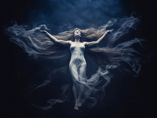 The figure of a female ghost flying into the starry night sky. Spirit. Soul, ghost of a girl. - obrazy, fototapety, plakaty