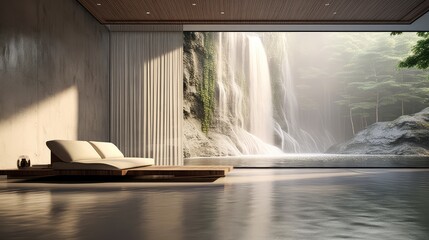 3D rendering of a living room with a waterfall forest background. 