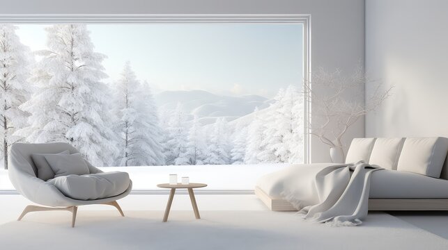 3D rendering of a bedroom with a snow covered tree view from a large window view.