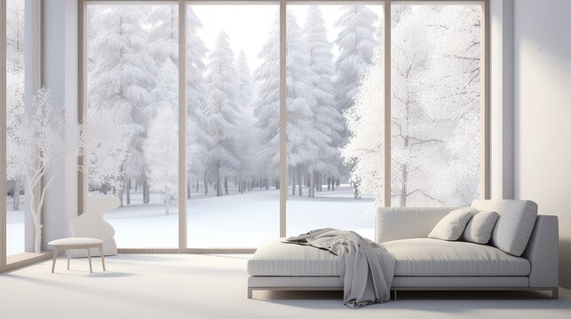 3D rendering of a bedroom with a snow covered tree view from a large window view.