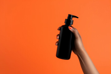 Cosmetic Product Bottle held by Women on Orange Background. Generative AI.