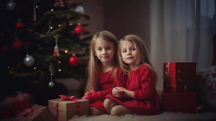 Fototapeta na wymiar Blonded sisters in red cloth excited and happy with Christmas gift in living room with Christmas tree background.