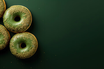 minimalistic green background with donuts, top view with empty copy space - obrazy, fototapety, plakaty