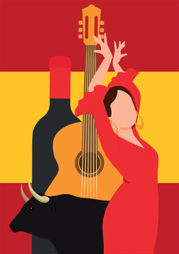 Poster of spain. spanish elements. Flag background. Simple and minimalist retro poster with traditional essence. Flamenca, Spanish guitar, red wine, bull and flag