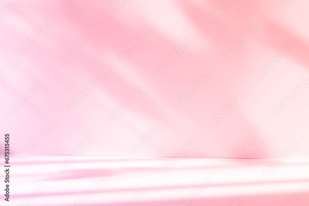 Poster Abstract pink color gradient studio background for product presentation. Empty room with shadows of window and flowers and palm leaves . 3d room with copy space. Summer concert. Blurred backdrop.
