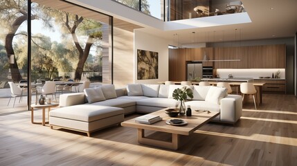 Intérieur moderne et lumineux d'un séjour avec un grand canapé et des grandes baies vitrées