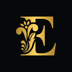 Golden letter E Vintage flower initial letters. Logo vector Alphabet.	
