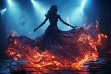 Generative ai creative collage of charming gorgeous lady in fiery gown dance for magical ritual