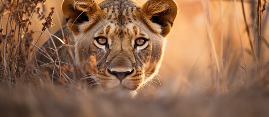 In the winter as the cold wind sweeps across the African bushveld a captivating sight awaits nature enthusiasts the majestic face of an African mammal its eyes glistening with the resilienc - obrazy, fototapety, plakaty