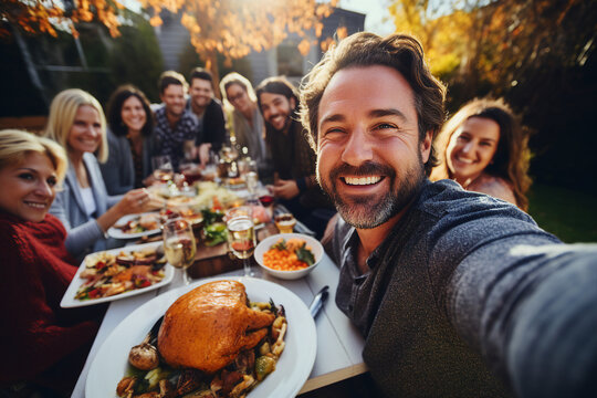 Generative AI portrait of served table thanksgiving dinner family meeting gathering