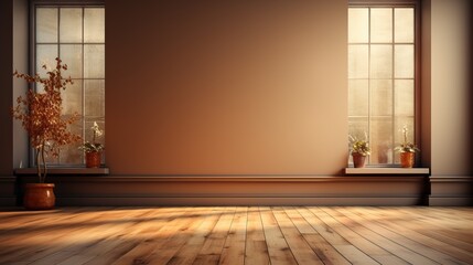 Mur chaud marron avec lumière qui rentre dans la pièce avec parquet au sol