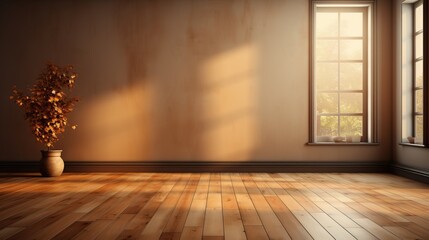 Mur chaud marron avec lumière qui rentre dans la pièce avec parquet au sol - obrazy, fototapety, plakaty
