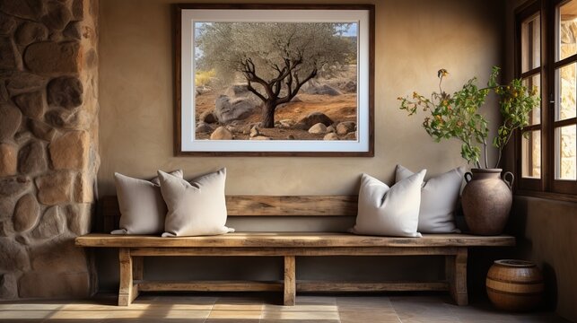 Int&eacute;rieur confortable et chaleureux avec un banc en bois et des coussins moelleux avec la pr&eacute;sence d'une fen&ecirc;tre.
