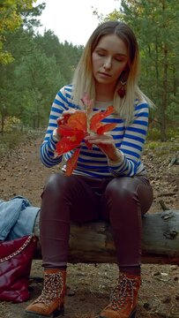 Woman enjoying autumnal colorful leaves in the forest, making bouquet. Leisure time in nature. Vertical video.