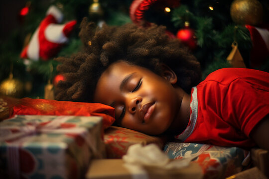 Adorable small child sleeping under Christmas evergreen tree waiting Santa coming Generative AI technology picture