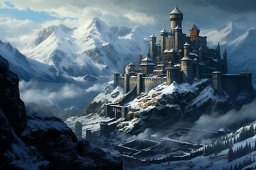 A snowy fortress nestled amongst mountains. Generative AI - obrazy, fototapety, plakaty