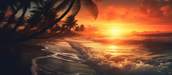 When traveling to Mexico don t miss the breathtaking view of palm trees swaying against the beautiful sunset while the beach foam gently caresses the shores giving you a true vacation in na - obrazy, fototapety, plakaty