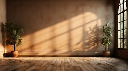 Mur chaud marron avec lumière qui rentre dans la pièce avec parquet au sol