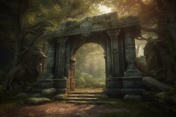 A mystical gateway adorned with an old arch, pillars, and enchanted runes. Generative AI