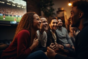 Group of friends watching a football match on TV