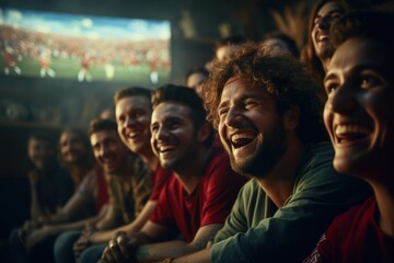 Group of friends watching a football match on TV - obrazy, fototapety, plakaty