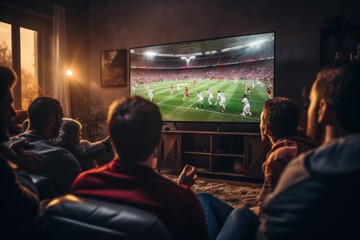 Group of friends watching a football match on TV - Powered by Adobe
