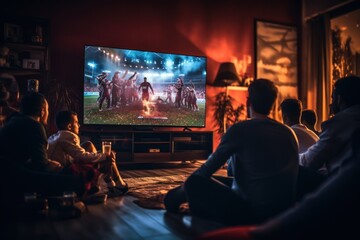 Group of friends watching a football match on TV - Powered by Adobe