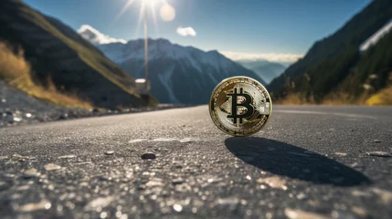 Rolgordijnen Bitcoin on high mountain like mean buy on Mountain pass. © PaulShlykov