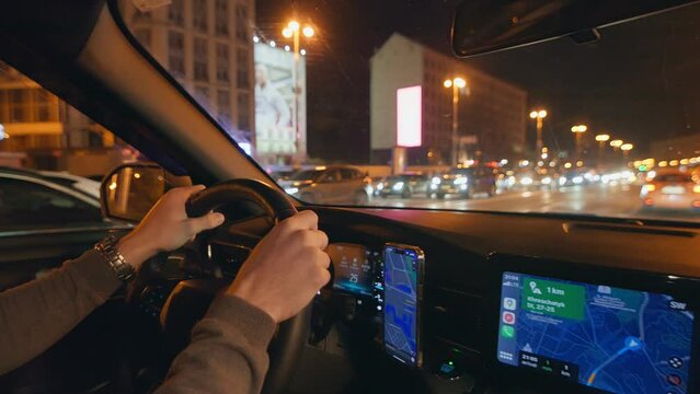 Driver car city night taxi traffic vehicle man navigator transport town evening