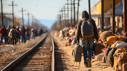 
Exodus of people leaving their home. Group of people fleeing their city due to wars. Immigrants walking. Exiles with their families and belongings walking in search of a better future. Refugees  - obrazy, fototapety, plakaty
