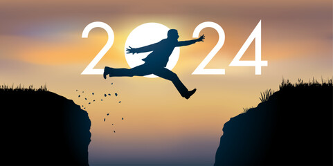 Un homme saute par dessus un gouffre entre deux falaises devant un soleil au zénith et symbolise le passage à la nouvelle année 2024. - obrazy, fototapety, plakaty