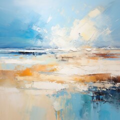 An abstract painting of a coastal beach scene.