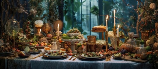 The Christmas table was adorned with a beautiful patterned tablecloth depicting a starry night sky enhancing the background of nature with its vibrant colors The spread of food included a v - obrazy, fototapety, plakaty