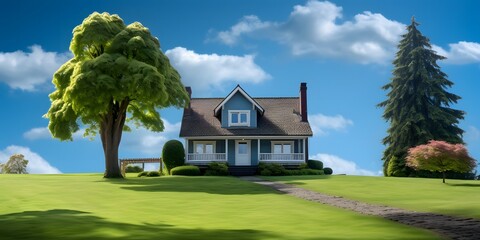  beautiful house with green lawn with nice grass. house in the field with a blue sky. house exterior with brick and siding trim. wallpaper - obrazy, fototapety, plakaty