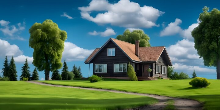  beautiful house with green lawn with nice grass. house in the field with a blue sky. house exterior with brick and siding trim. wallpaper