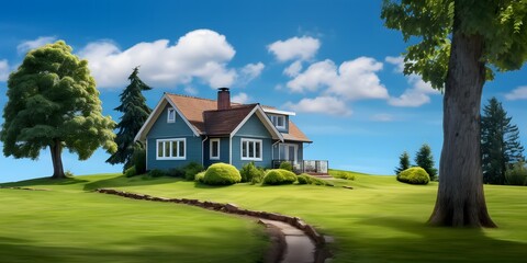  beautiful house with green lawn with nice grass. house in the field with a blue sky. house exterior with brick and siding trim. wallpaper