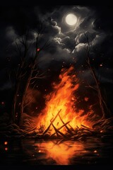 Bonfire in the Forest at Night. Camping by the Lake Shore at Night, Enjoying the Full Moon Generative AI