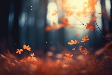 Obraz na płótnie Canvas captures the sight of autumn leaves falling in the forest, portraying the beauty of the fall season and the wonders of nature. Enjoy a moment of selective focus on this enchanting scene. Generative AI