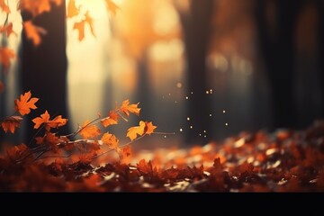 Naklejka na ściany i meble captures the sight of autumn leaves falling in the forest, portraying the beauty of the fall season and the wonders of nature. Enjoy a moment of selective focus on this enchanting scene. Generative AI